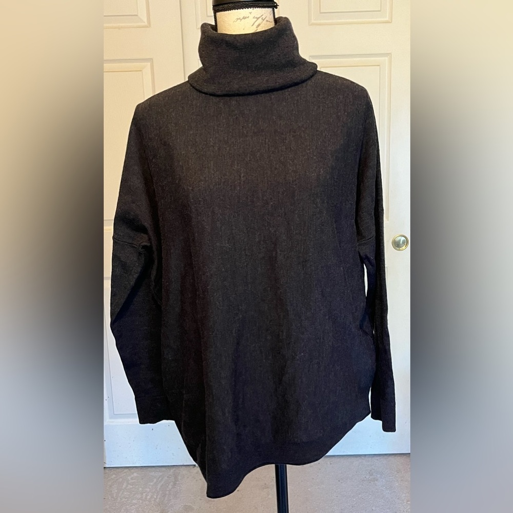 Eileen Fisher Charcoal Gray Asymmetrical Sweater 100% Merino Wool Turtleneck Med